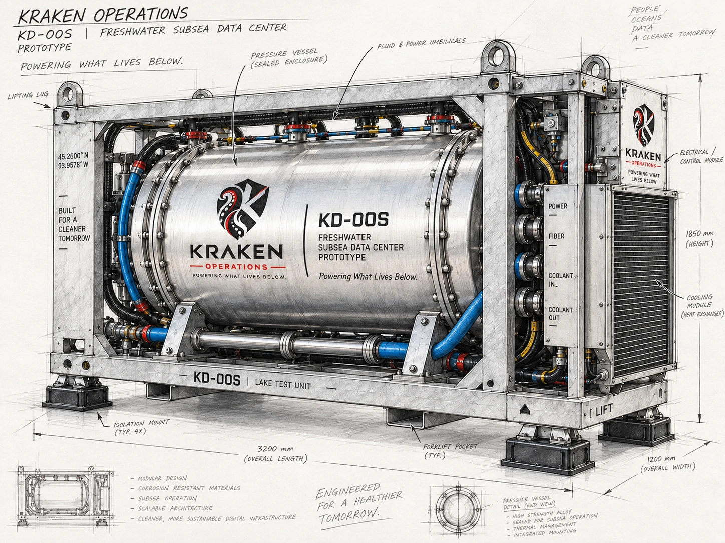 KD-00S concept engineering sketch showing the pressure vessel, recoverable frame, cooling module, and power and fiber connections